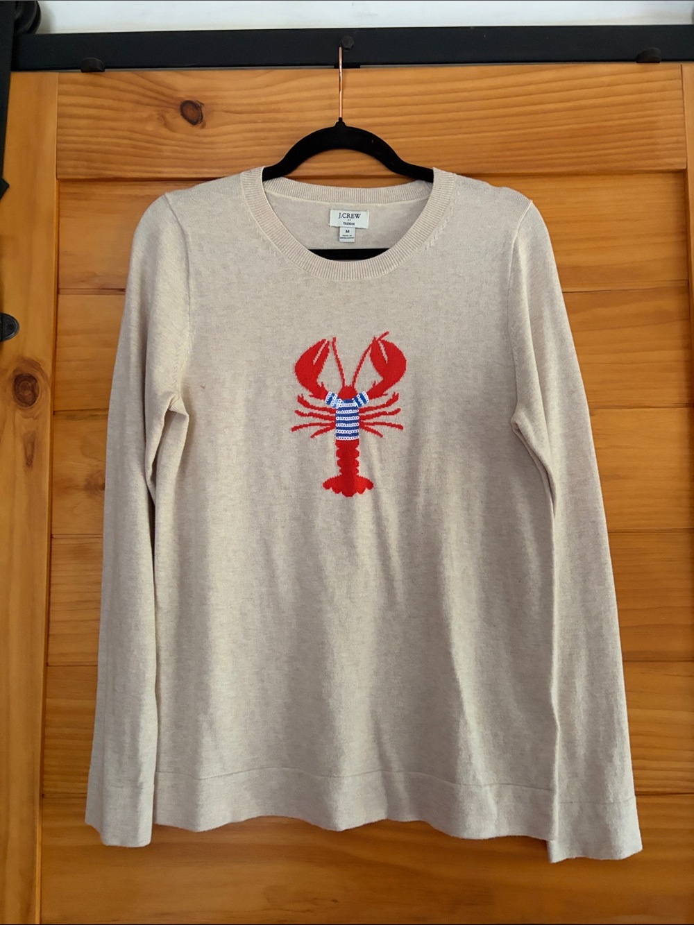 J. Crew Cream Crewneck Sweater with Red Lobster and Blue Stripe